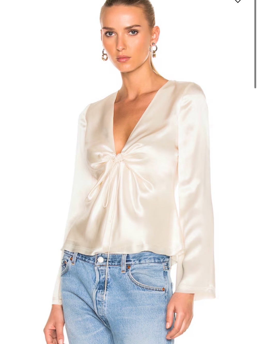 T by Alexander Wang Ivory Satin Tie-Front V-Neck Blouse